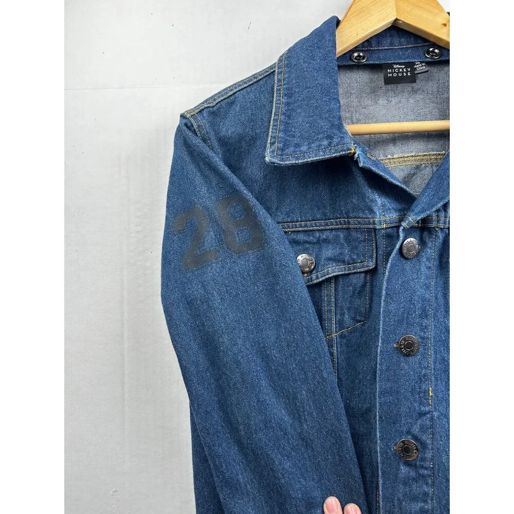Disney‎ Mickey Mouse Jean Jacket Womens XS Blue Denim Hooded Embroidered Patch
